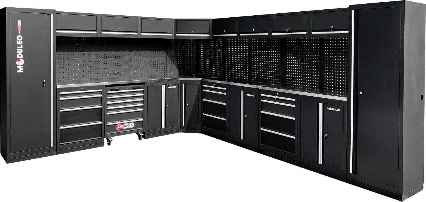 Črn modularen sistem za shranjevanje v garaži z več omaricami in predali, zasnovan za organizirano shranjevanje orodja in opreme.