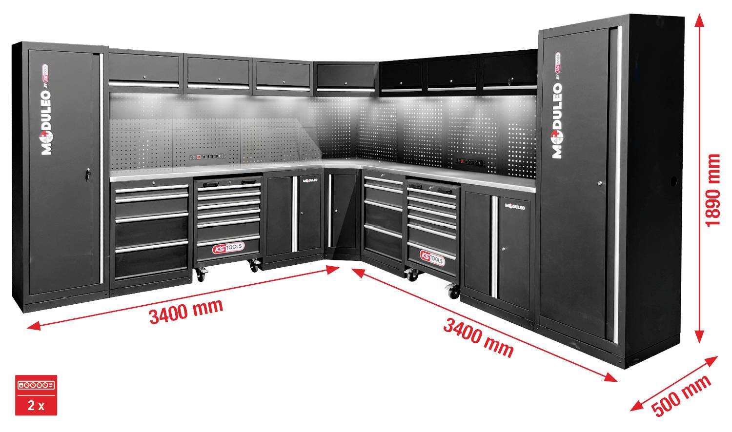 Črn modularen sistem za shranjevanje v garaži z večimi omaricami, predali in perforiran hrbtni panel, dimenzij 3400 mm x 3400 mm in višine 1890 mm.