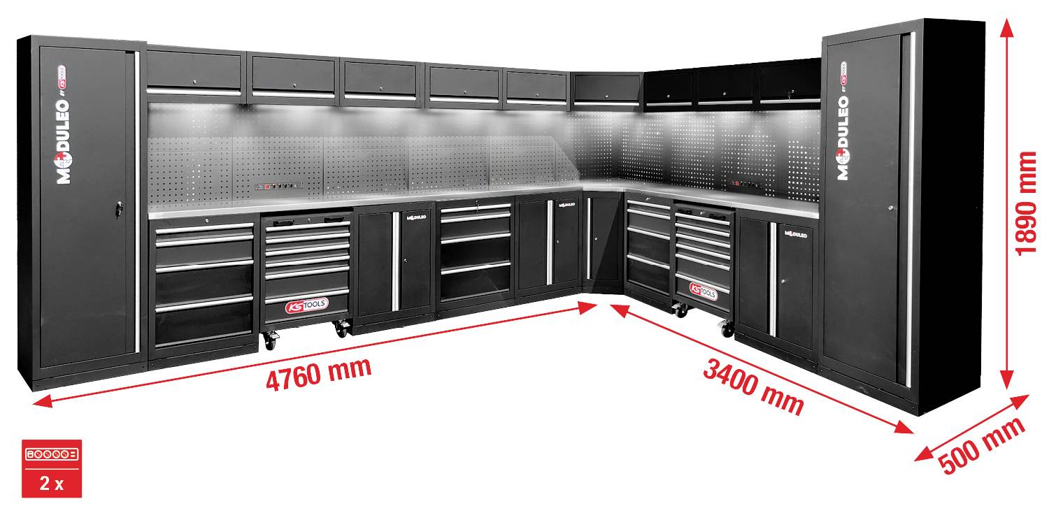 'L-oblikovni črni modularni garažni sistem s shranjevalnimi omarami, predali in oznakami mer: 4760 mm, 3400 mm, 500 mm in 1890 mm.'