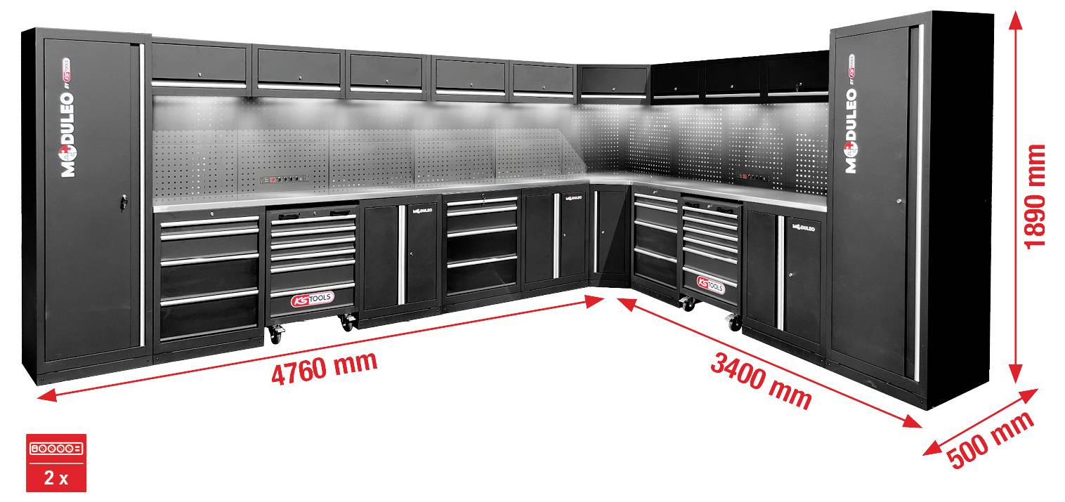 Črni modularni sistem za shranjevanje v garaži z predali in omaricami; dimenzije: 4760 mm širina, 3400 mm globina, 1890 mm višina.
