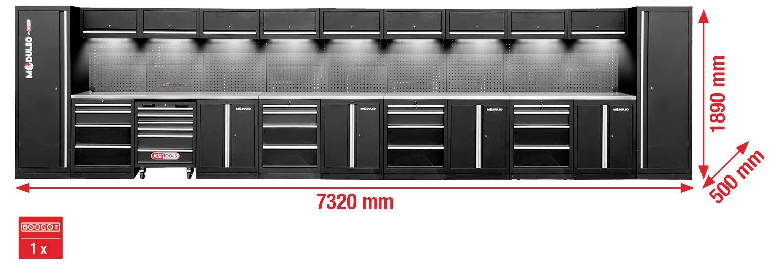 Sistem za shranjevanje v garaži, ki meri 7320 mm širine, 500 mm globine in 1890 mm višine, z več omaricami in predali za orodje.