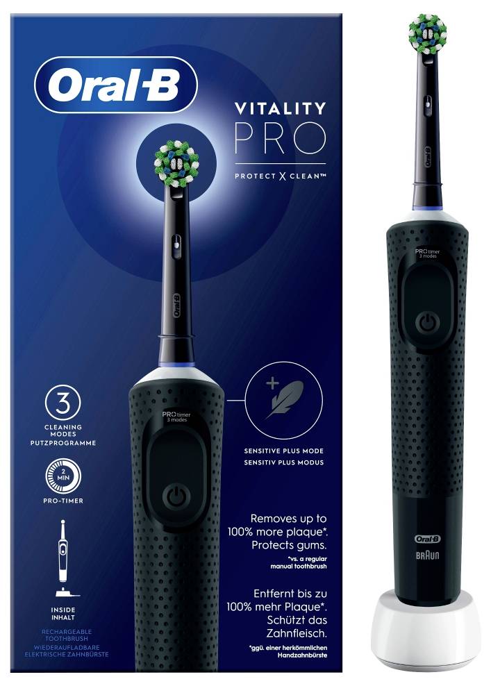 Električna zobna ščetka 'Oral-B Vitality Pro Protect X Clean' v embalaži; poudarja 3 načine čiščenja, občutljiv način in prednosti odstranjevanja zobnih oblog.