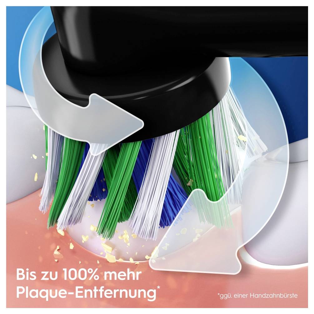 Bližnji posnetek glave električne zobne ščetke z ščetinami v zeleni, modri in beli barvi, poudarja njeno učinkovitost pri odstranjevanju zobnih oblog.