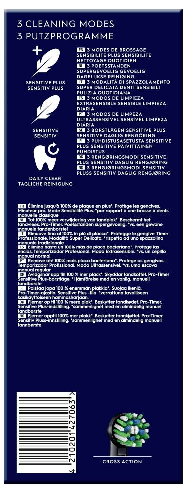 '3 načini čiščenja: Občutljivo Plus, Občutljivo, Vsakdanje čiščenje. Vključuje: 1 ročaj, 1 polnilec, 2 nastavka za ščetko. Križno delovanje.'