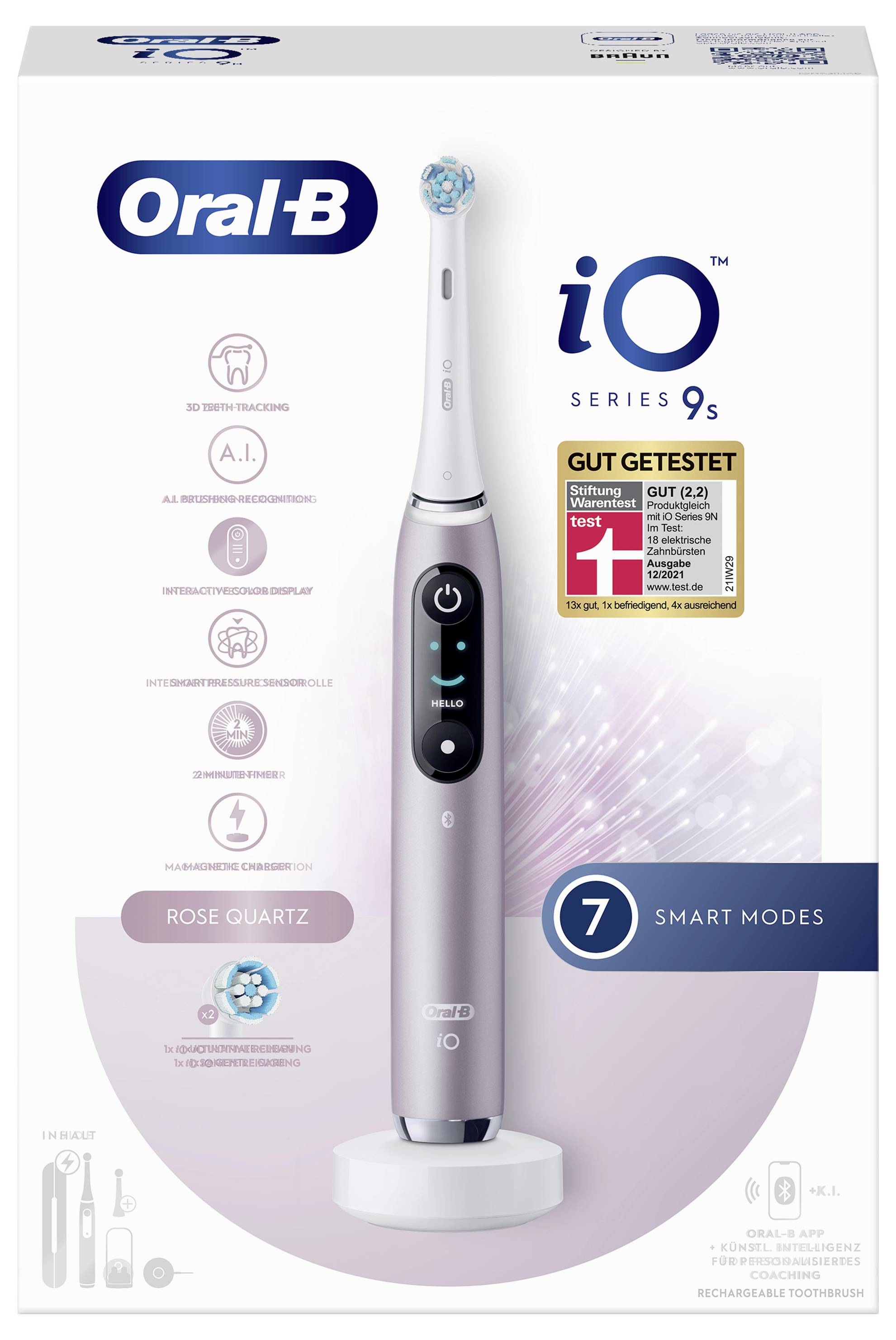 Embalažа električne zobne ščetke Oral-B iO Series 9s Rose Quartz, ki prikazuje izdelek, funkcije kot sta »A.I. prepoznavanje« in »7 pametnih načinov«.