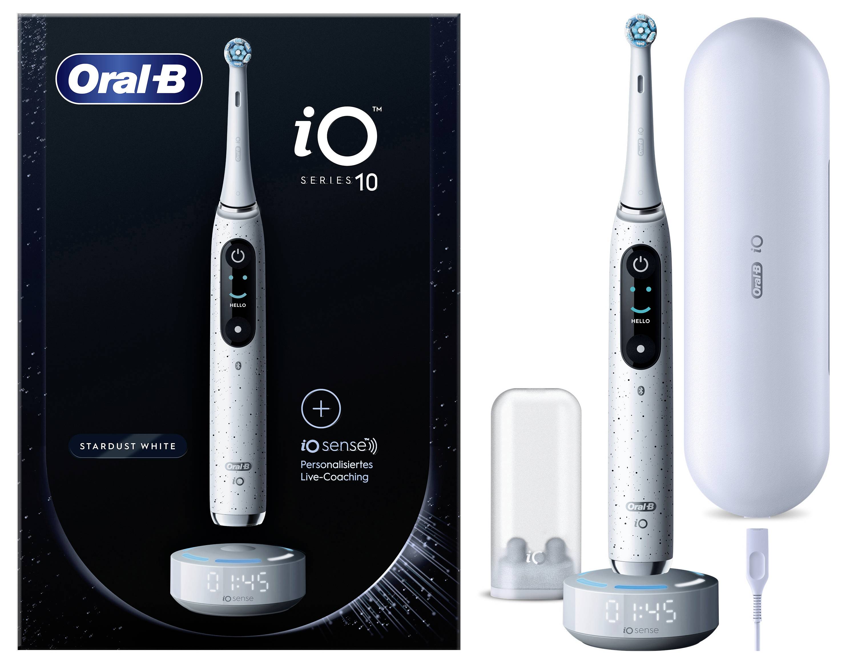 Električna zobna ščetka 'Oral-B iO Series 10' v barvi 'Stardust White' s kompletno embalažo. Vključuje zobno ščetko, polnilno postajo, potovalni etui in pokrovček za glavo ščetke.
