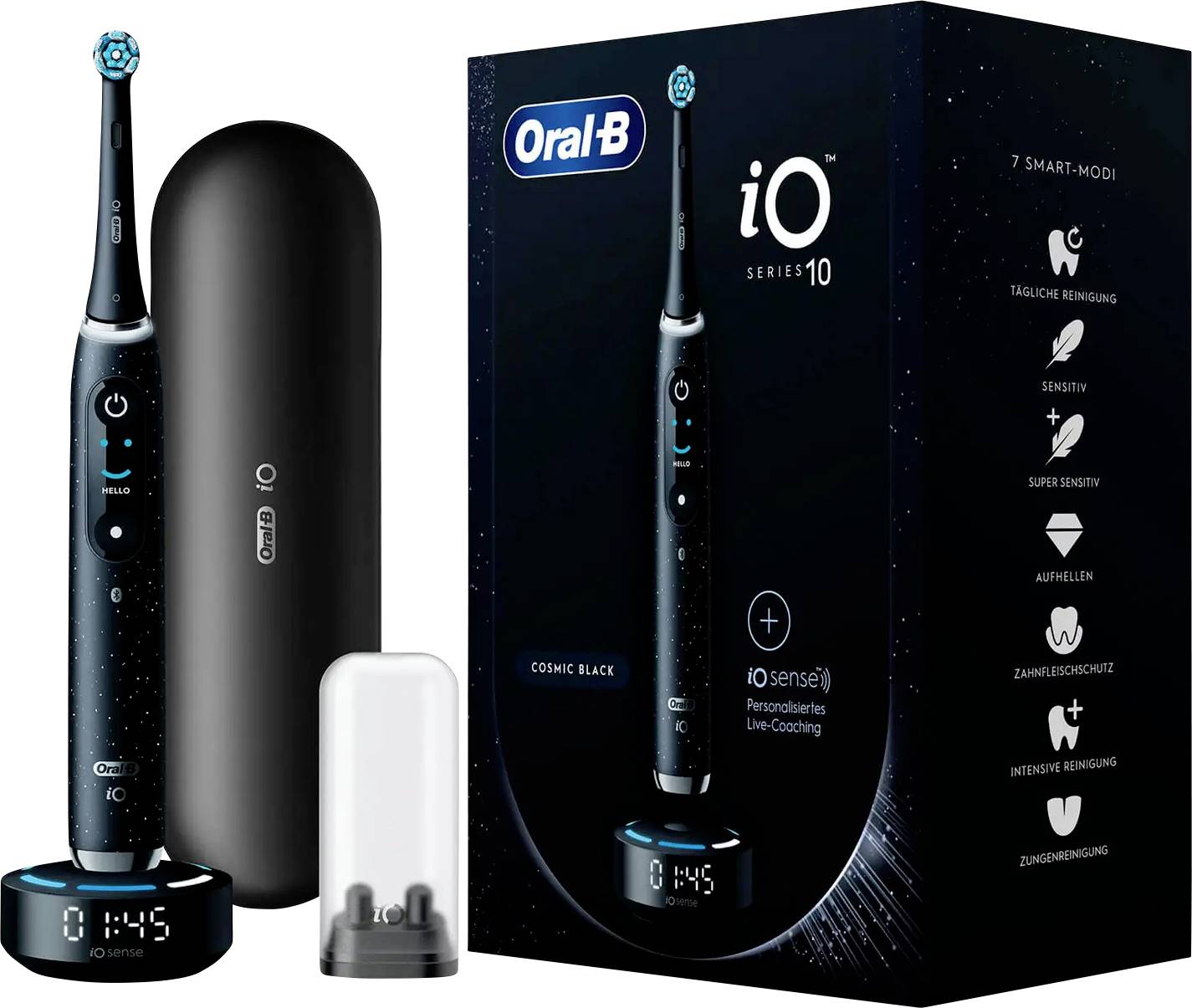 Električna zobna ščetka Oral-B iO Series 10 v barvi 'Cosmic Black' z potovalnim kovčkom, polnilno postajo in dodatno nastavkom za ščetko. Škatla prikazuje seznam funkcij.