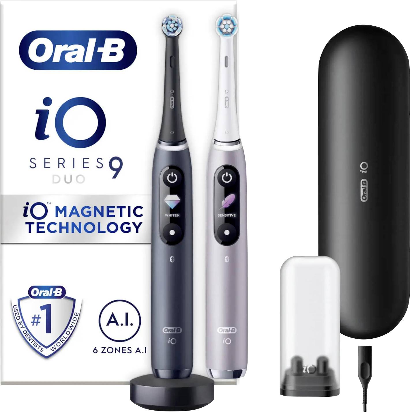 Električna zobna ščetka 'Oral-B iO Series 9 Duo' z dvema ščetkama, črnim kovčkom in zaslonom. Opremljena z 'A.I.' in '6 conskim A.I.' sistemom.