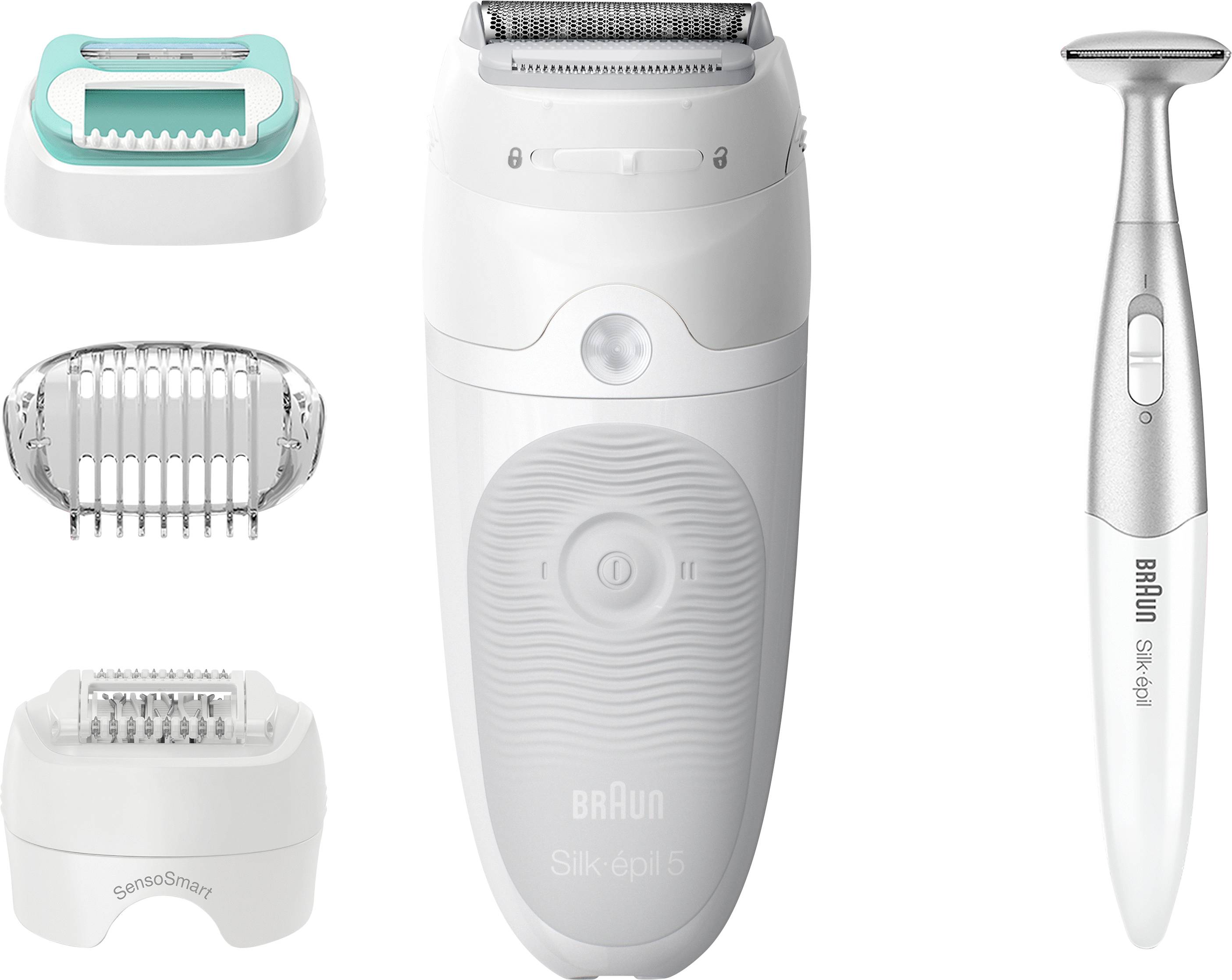 Epilator komplet z belo in srebrno električno epilatorjem, preciznim trimerjem in štirimi nastavki za britje in nego.