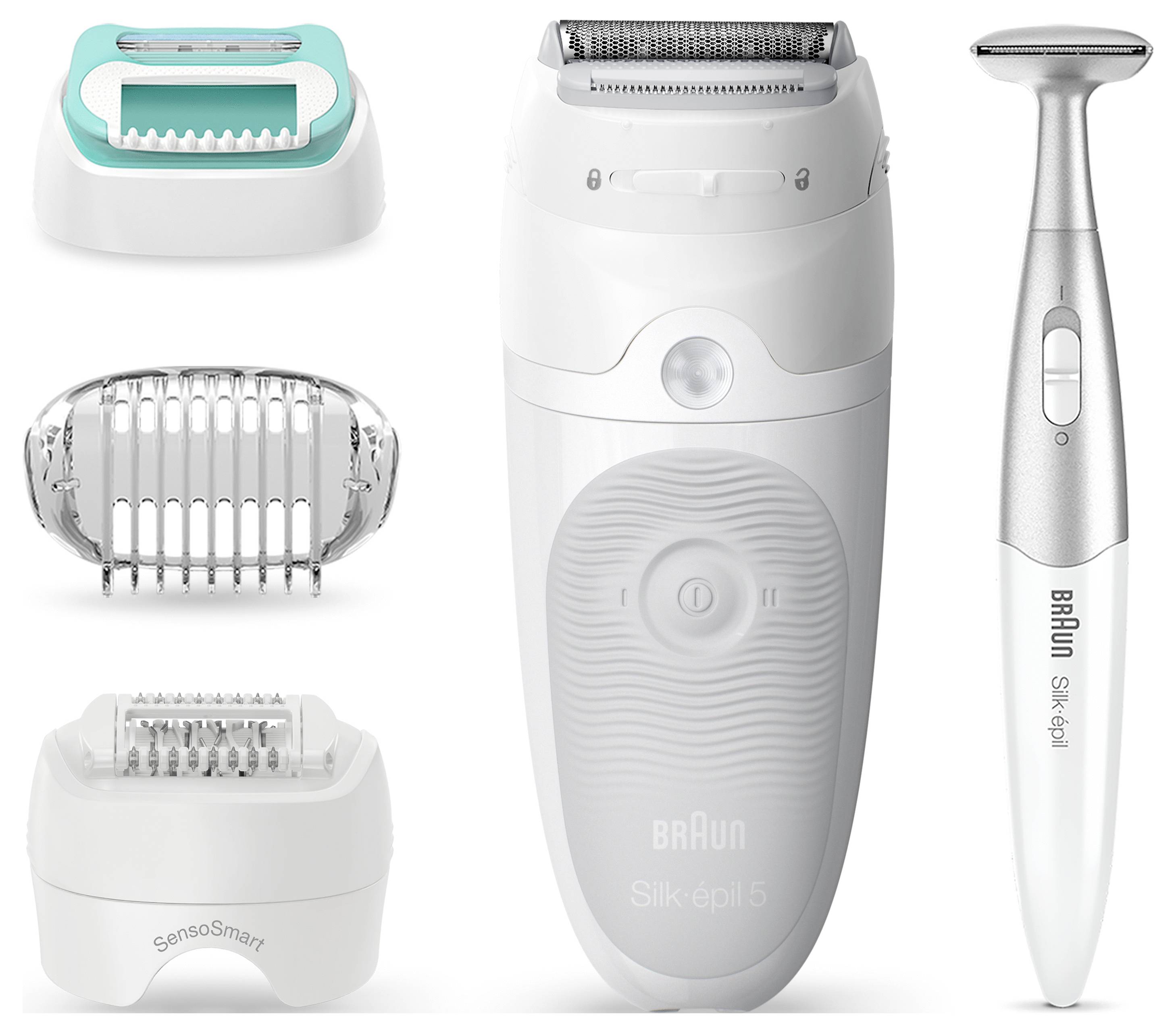 Nabor naprav Braun za odstranjevanje dlačic, ki vključuje epilator in trimmer Silk-épil 5 z različnimi nastavki za nego telesa.
