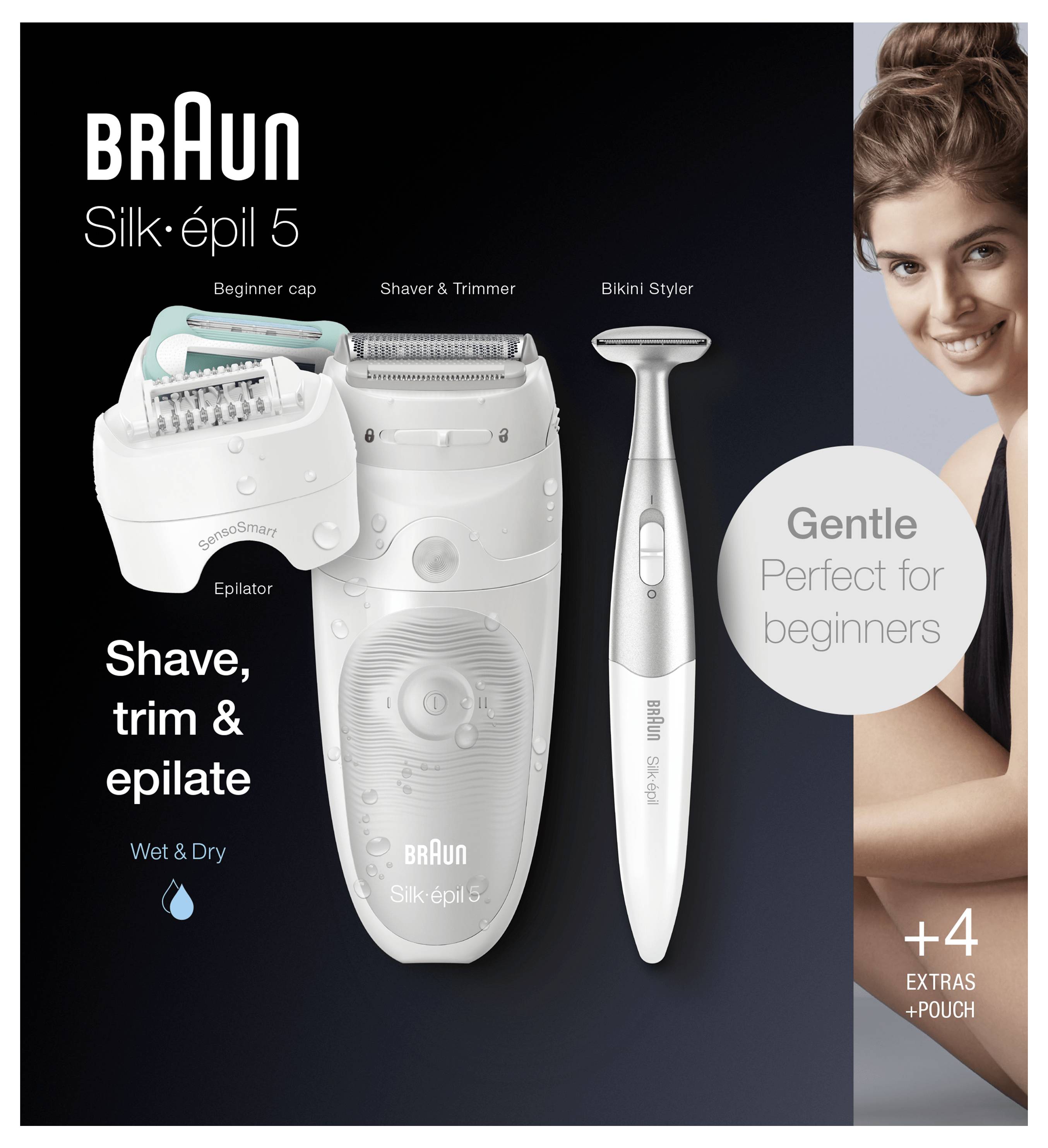 Komplet za nego 'Braun Silk-épil 5' vključuje epilator, brivnik, rezalnik in styling opremo za intimno področje. Funkcije so 'Nežno, Popolno za začetnike'. Dobavljeno z štirimi dodatki in torbico.