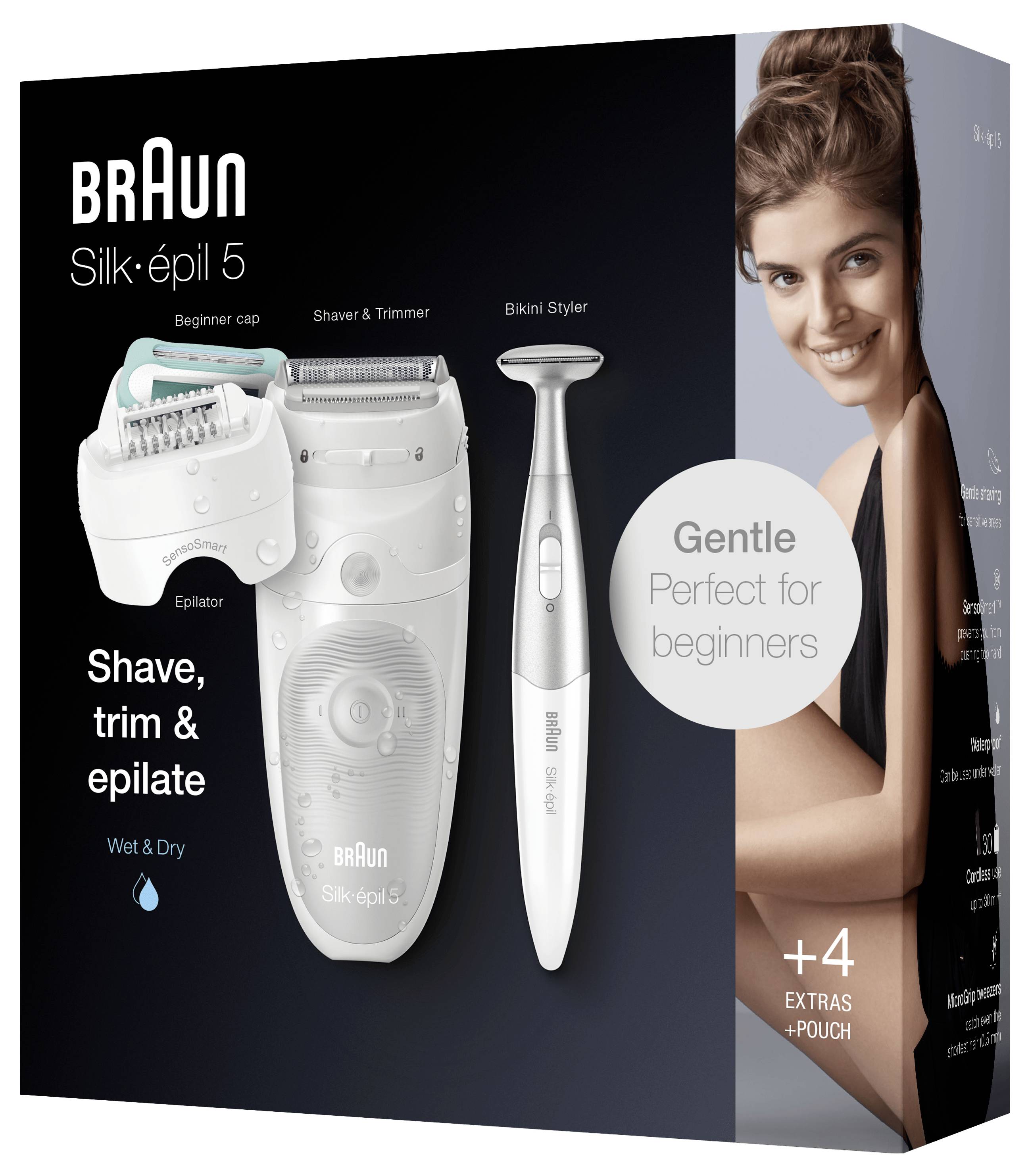 Braun Silk-épil 5 paket z brivnikom, trimernikom in styling pripomočkom za predel bikinija, označen z 'Nežno Idealno za začetnike'.