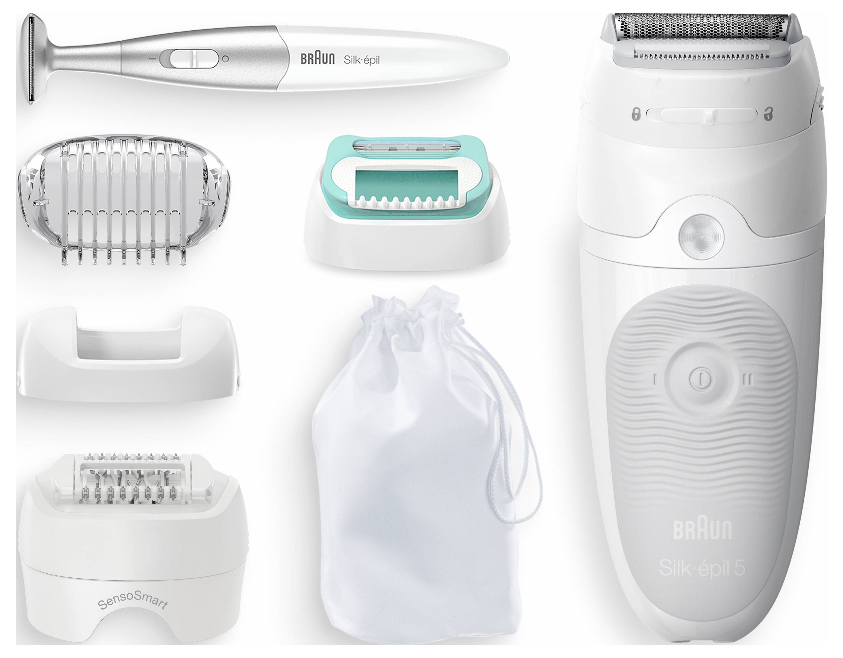 Braun Silk-epil set z epilatorjem, trimernikom in dodatki za odstranjevanje dlak, vključno s torbo za shranjevanje.