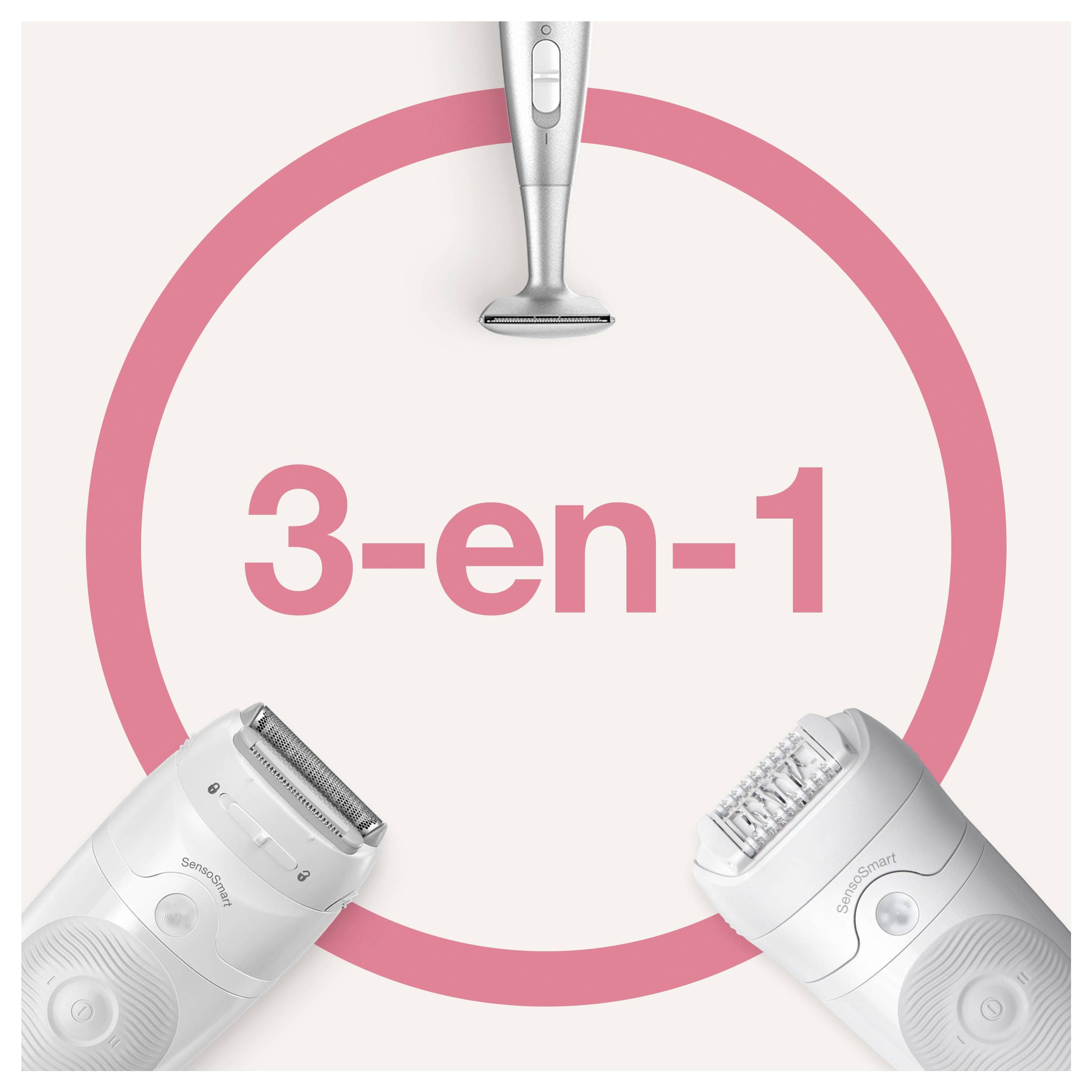 Izdelek '3-v-1' prikazuje tri zamenljive električne brivne glave, obdane s pink obročem, ki poudarja večnamensko uporabnost.