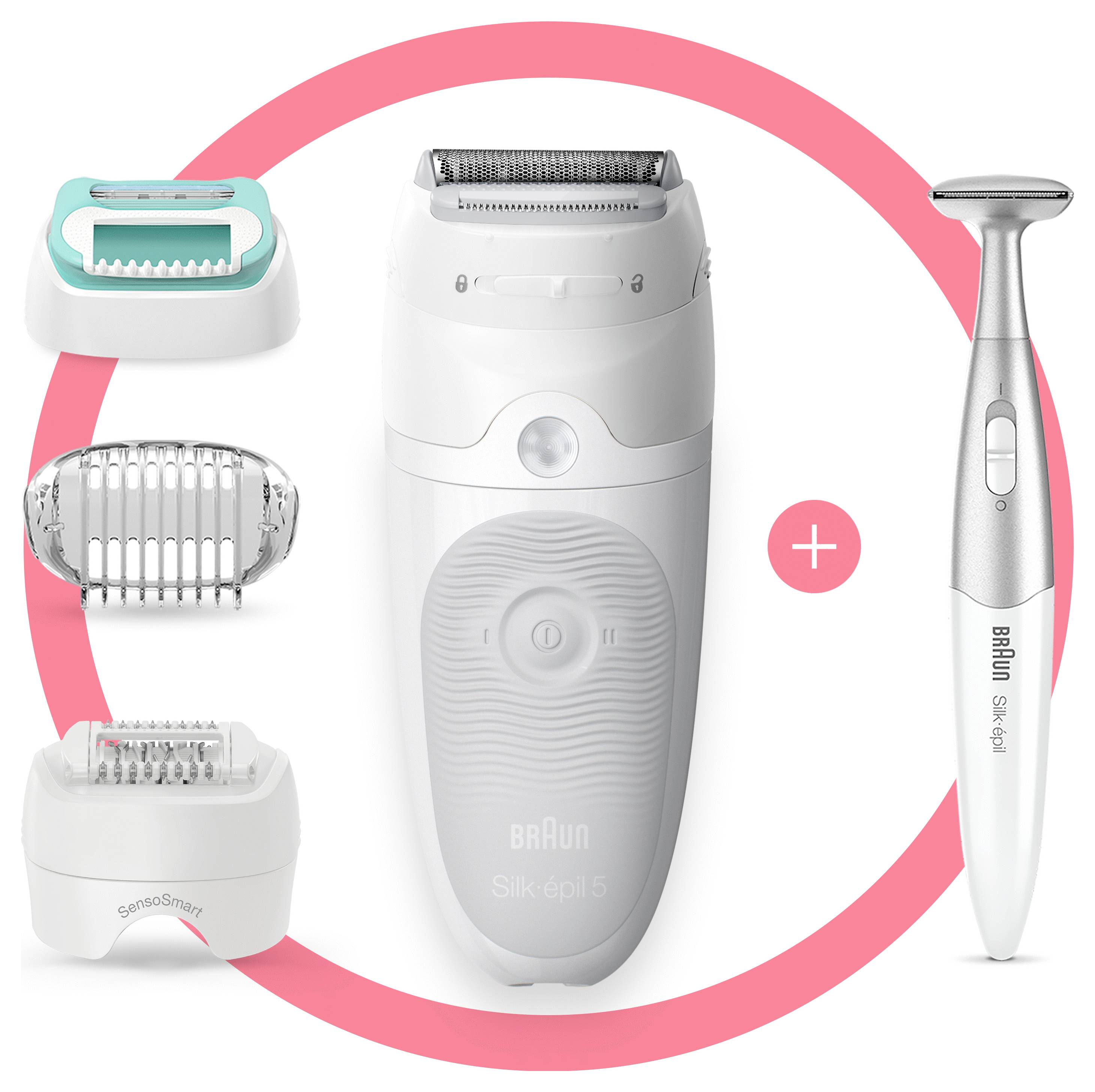 Epilator komplet z nastavitvami za britje, striženje in piling, ki vključuje dve napravi v beli in rožnati barvi.