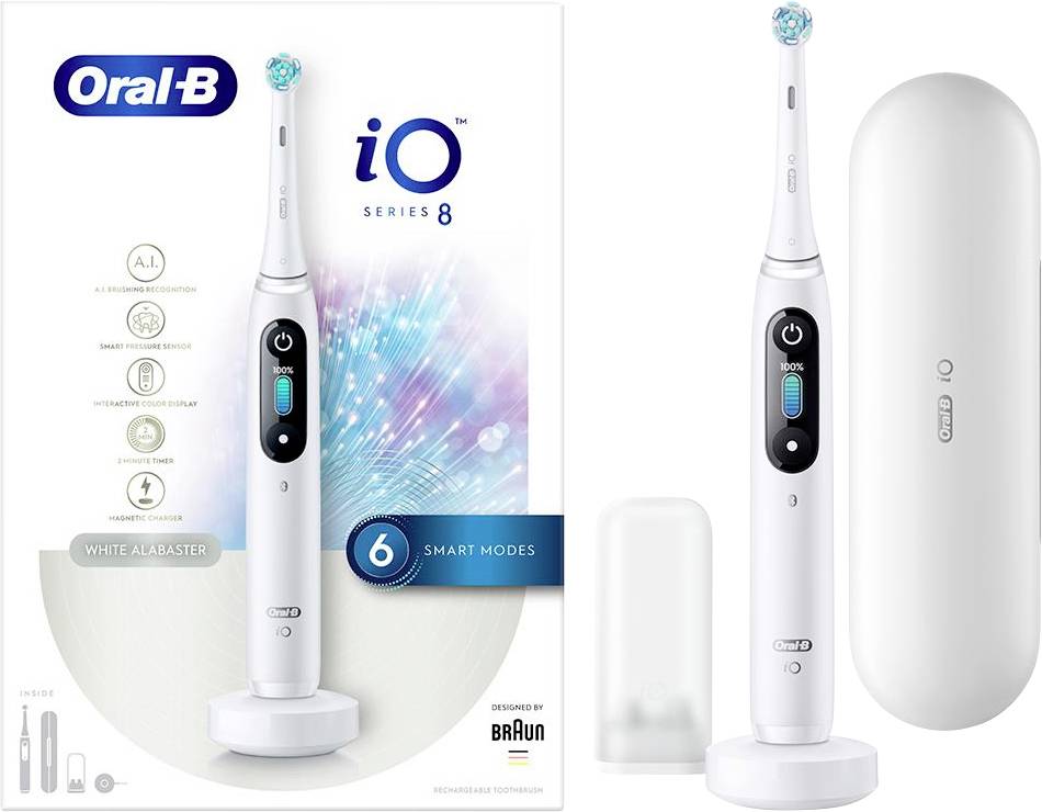 Električna zobna ščetka Oral-B iO Series 8 v beli barvi. Vključuje zobno ščetko, polnilno postajo, potovalno torbico in embalažo, ki poudarja lastnosti.
