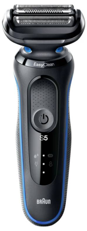 Električni brivnik v črni in modri barvi, označen z 'EasyClean' in 'S5'. Vključuje gumb za vklop, indikatorje za polnjenje in znamko Braun.