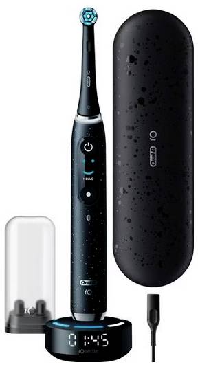 Električna zobna ščetka z črnim ročajem, nastavkom za ščetkanje, polnilno postajo z zaslonom časa, potovalnim kovčkom in prozornim zaščitnim pokrovčkom.