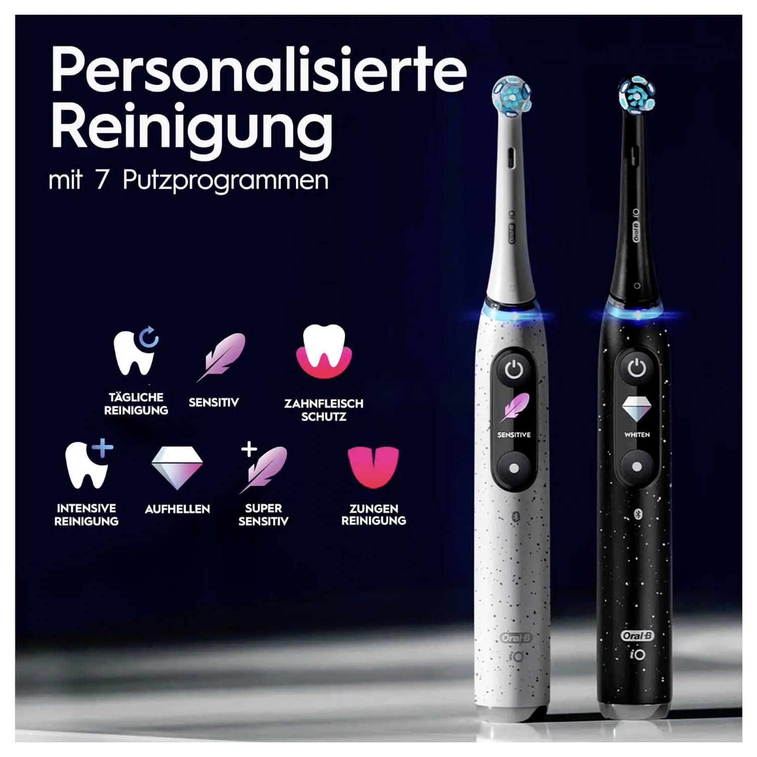 Dva električna zobna ščetka, ena bela in ena črna, prikazujeta personalizirano čiščenje z 7 načini: vsakdanji, občutljiv, nega dlesni, intenziven, belilni, super občutljiv, jezik.