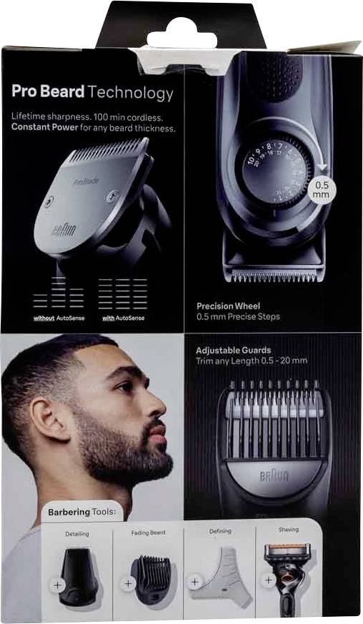 'Pro Beard Technology' embalaža prikazuje trimmer z nastavljivi vodili za dolžine brade od 0,5 do 20 mm, kar poudarja natančno upravljanje.
