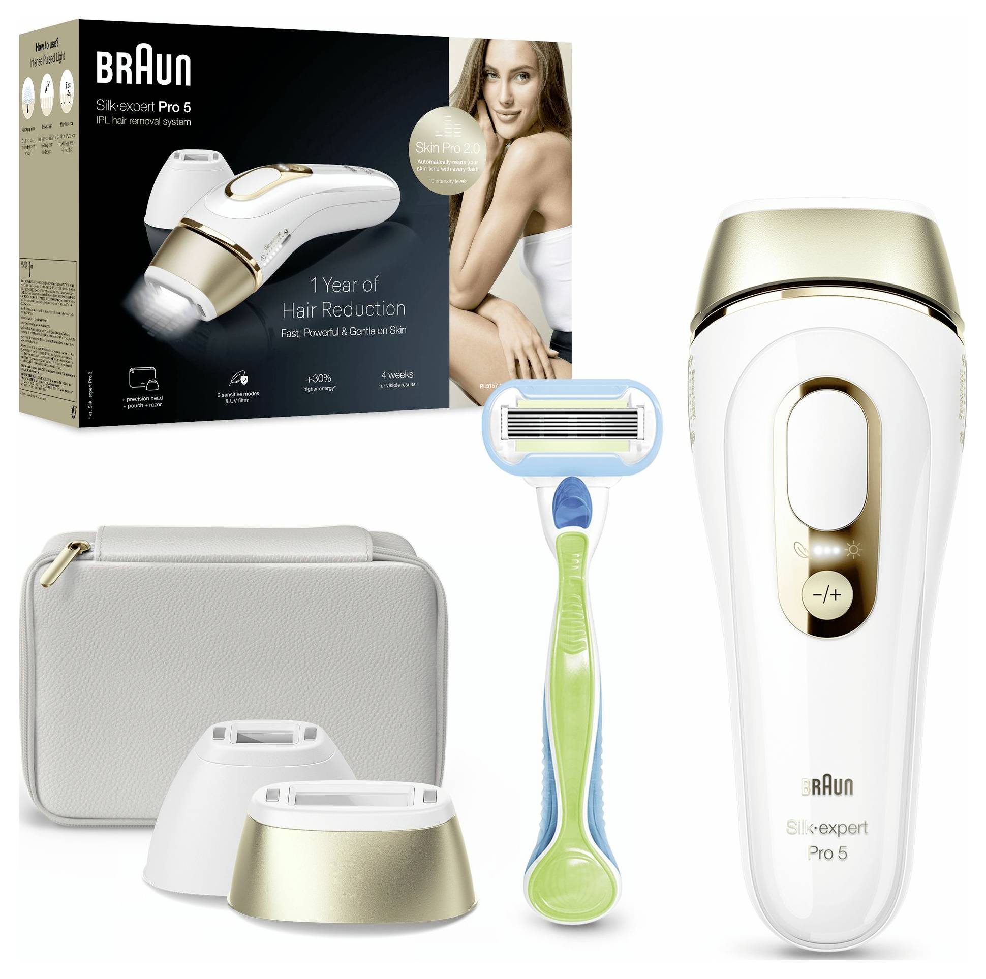 Naprava Braun Silk·expert Pro 5 za odstranjevanje dlak s kompletom, ki vključuje embalažo, potovalno torbico, dva nastavka in brivnik. Zagotavlja 1 leto zmanjševanja dlak.