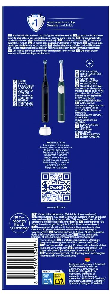 Zadnja stran embalaže električnih zobnih ščetk, ki prikazuje dva modela zobnih ščetk v črni in zeleni barvi, seznam funkcij, QR kodo in logotip blagovne znamke.