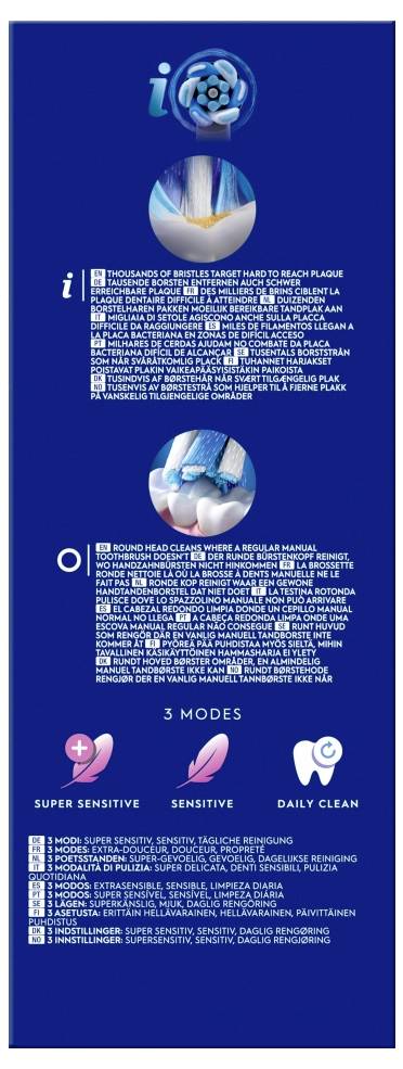 Podroben prikaz embalaže zobne ščetke, ki poudarja tehnologijo ščetin, tri čistilne načine: 'Zelo občutljiv', 'Občutljiv', 'Vsakodnevno čiščenje'.