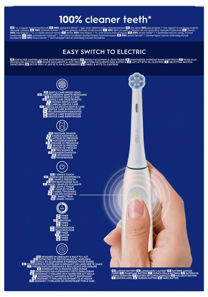 Roka, ki drži električno zobno ščetko z modro in belo glavo na modrem ozadju. Besedilo: »100% čistejši zobje* Enostaven prehod na električno ščetko«.