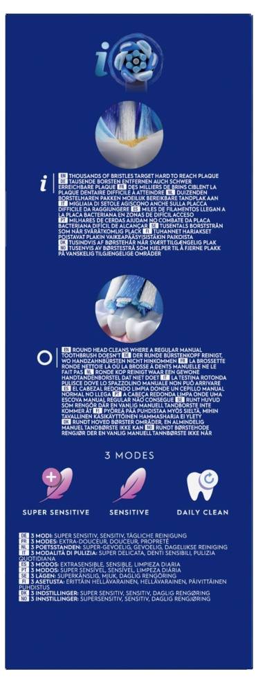 Električna zobna ščetka z embalažo, ki prikazuje zasnovo ščetk za odstranjevanje zobnih oblog. Ima 3 načine delovanja: 'Super občutljiv', 'Občutljiv', 'Vsakodnevno čiščenje'.