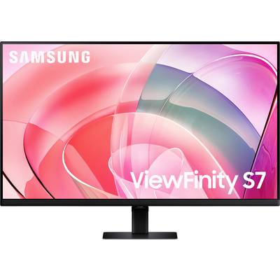 Samsung ViewFinity S7 monitor, ki prikazuje digitalno umetniško zasnovo z roza in vijolično abstraktnimi oblikami.