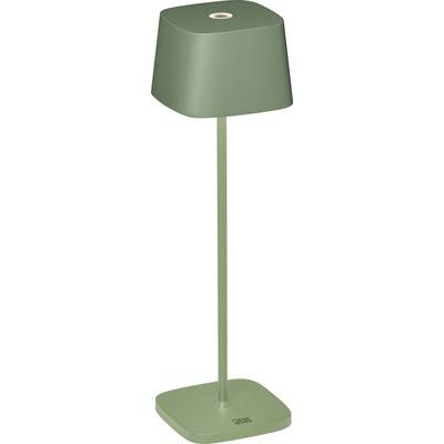 Elegantna, moderna zelena stoječa svetilka s kvadratno osnovo in senčilom, zasnovana za sodobne notranje prostore.