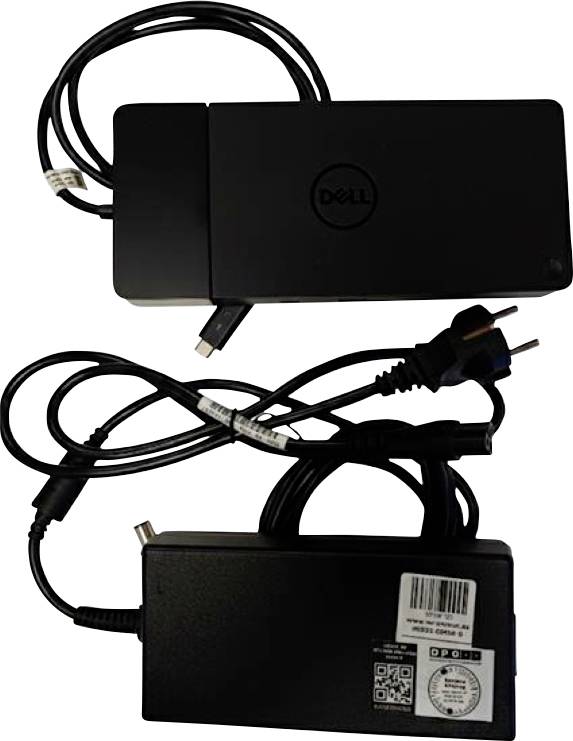 Dva črna Dell napajalna adapterja s kabli. Zgornji adapter ima USB-C priključek, spodnji adapter pa ima standardni napajalni priključek.