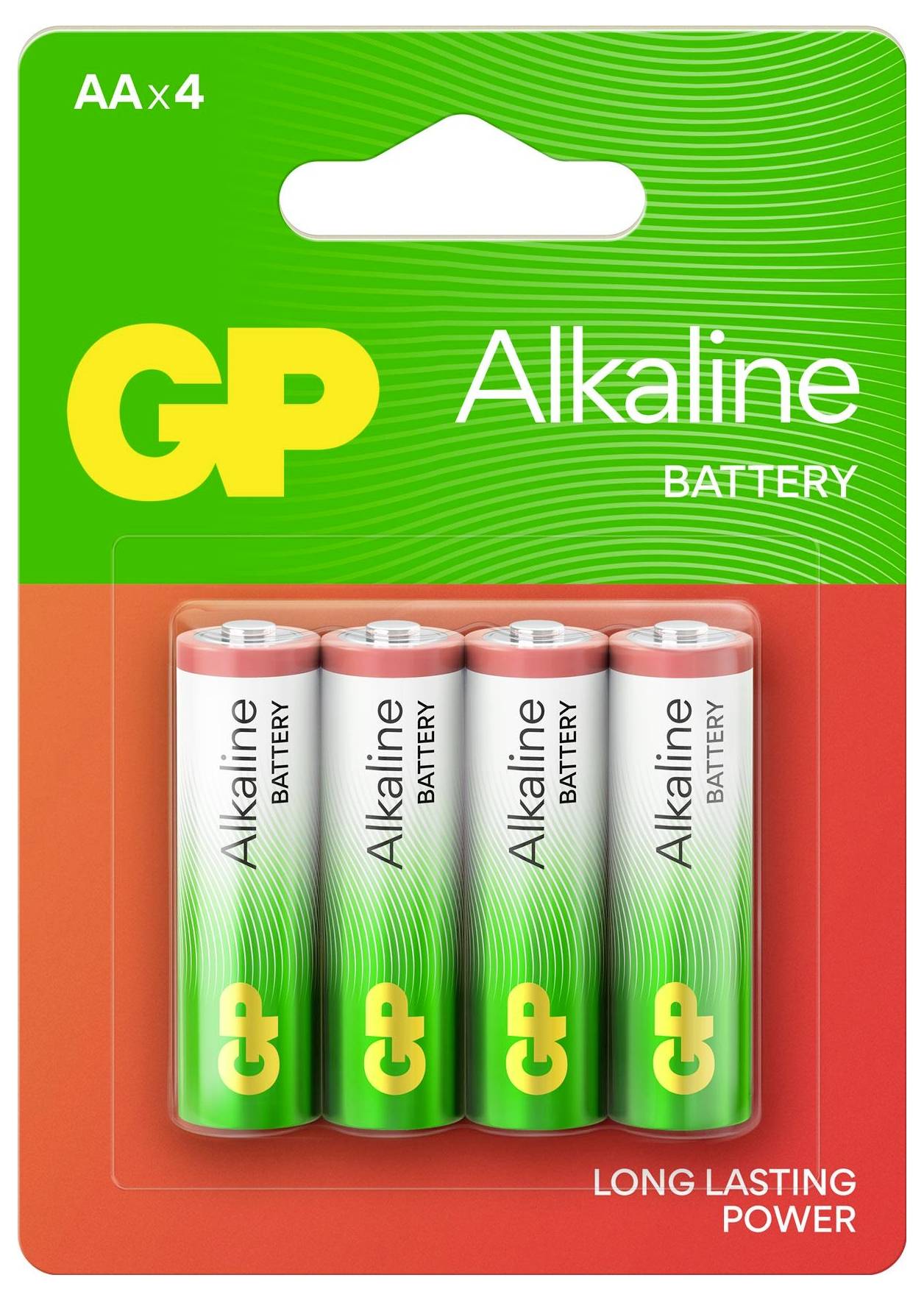 'Pakiranje s štirimi AA alkalnimi baterijami znamke GP, označeno z 'Dolga življenjska doba' na embalaži.'