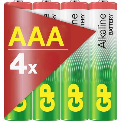 Štiri AAA-alkalne baterije v zeleni in rdeči embalaži, logotip blagovne znamke 'GP', poudarjen napis '4x'.