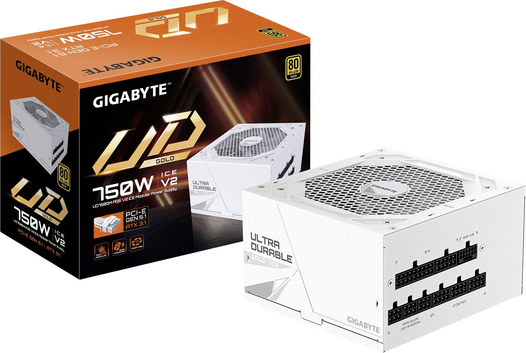 Bela 750-vatna napajalna enota Gigabyte z modularnimi priključki, postavljena poleg embalaže z oznako UD Gold 80 Plus certifikacijo.