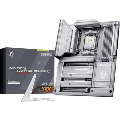Matična plošča MSI MAG X670E Tomahawk Max WiFi PZ in njena embalaža, ki poudarja več slotov in priključkov ter poudarja napredne možnosti povezljivosti.