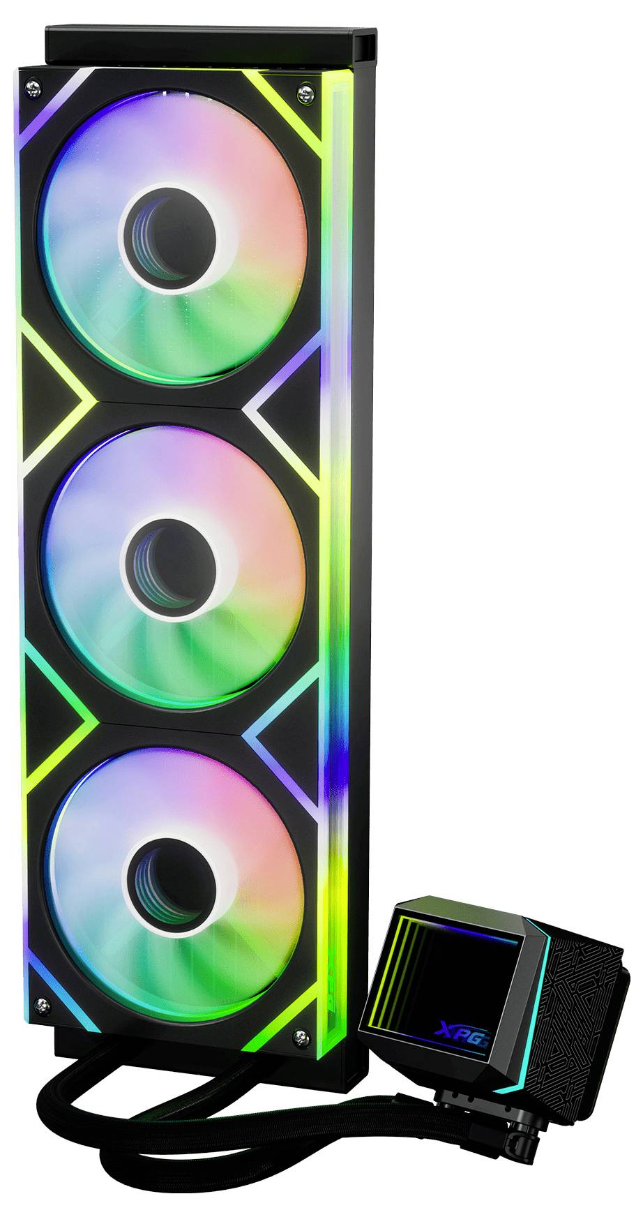 Vertikalni RGB sistem tekočinskega hlajenja za računalnik z osvetljenimi tremi ventilatorji in elegantno krmilno enoto na strani.