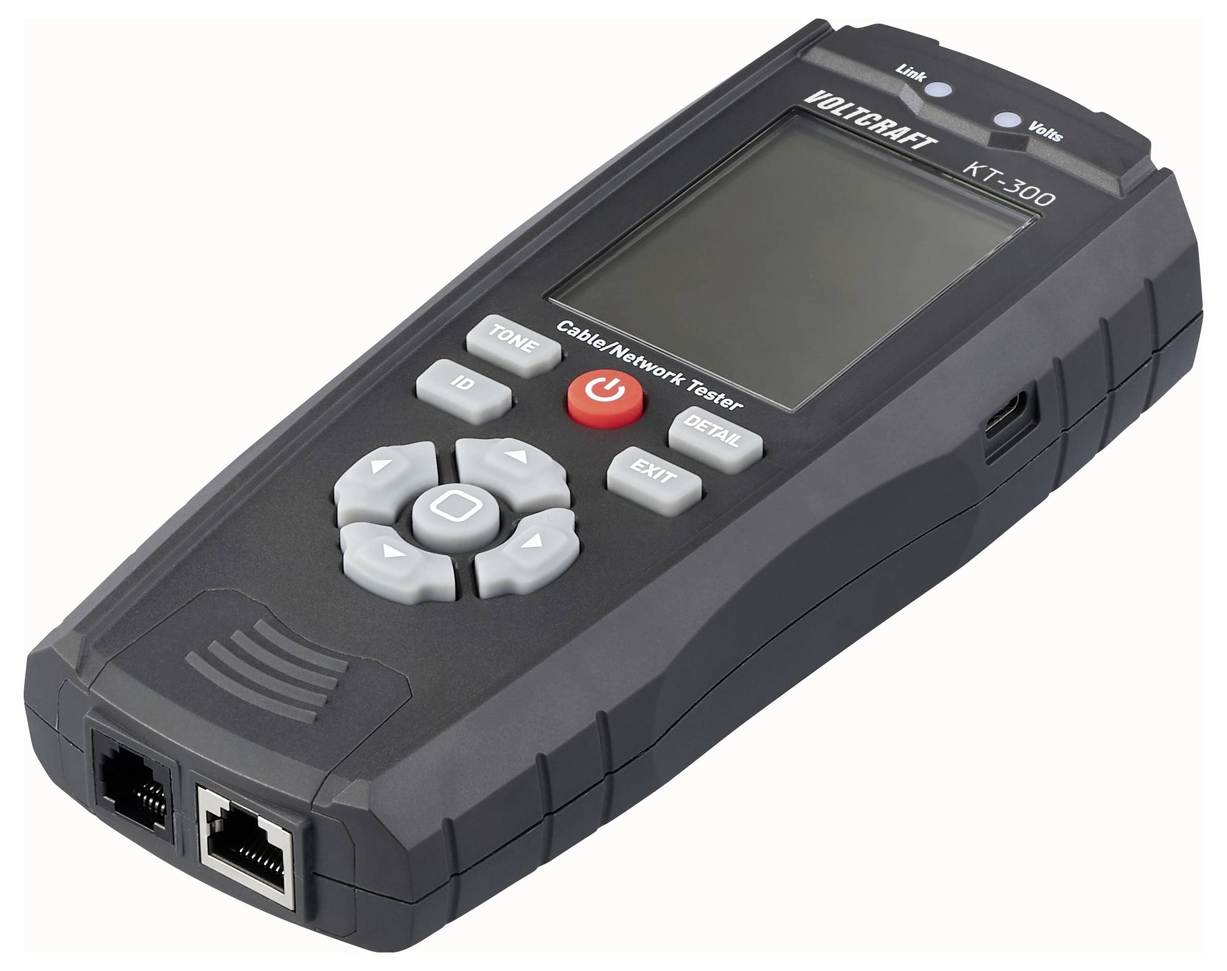 Prenosni tester omrežja s kabli z različnimi gumbi, označenimi s »Tone«, »ID« in »Detail«. Na dnu sta vidna dva Ethernet priključka.