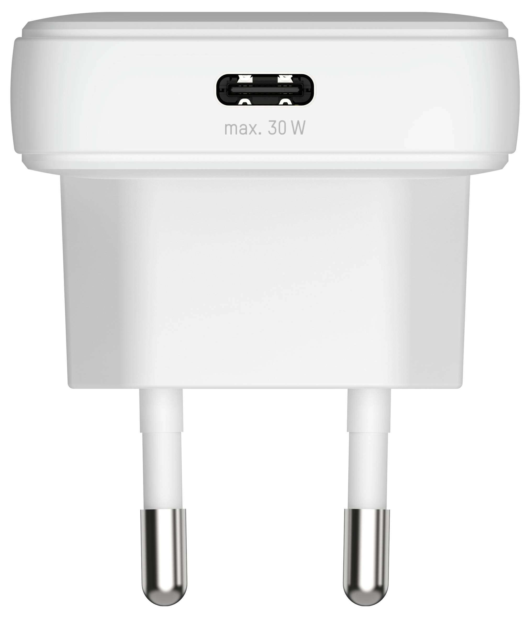 Bel USB-C stenski polnilnik z oznako max 30 W, z vtičem evropskega tipa.