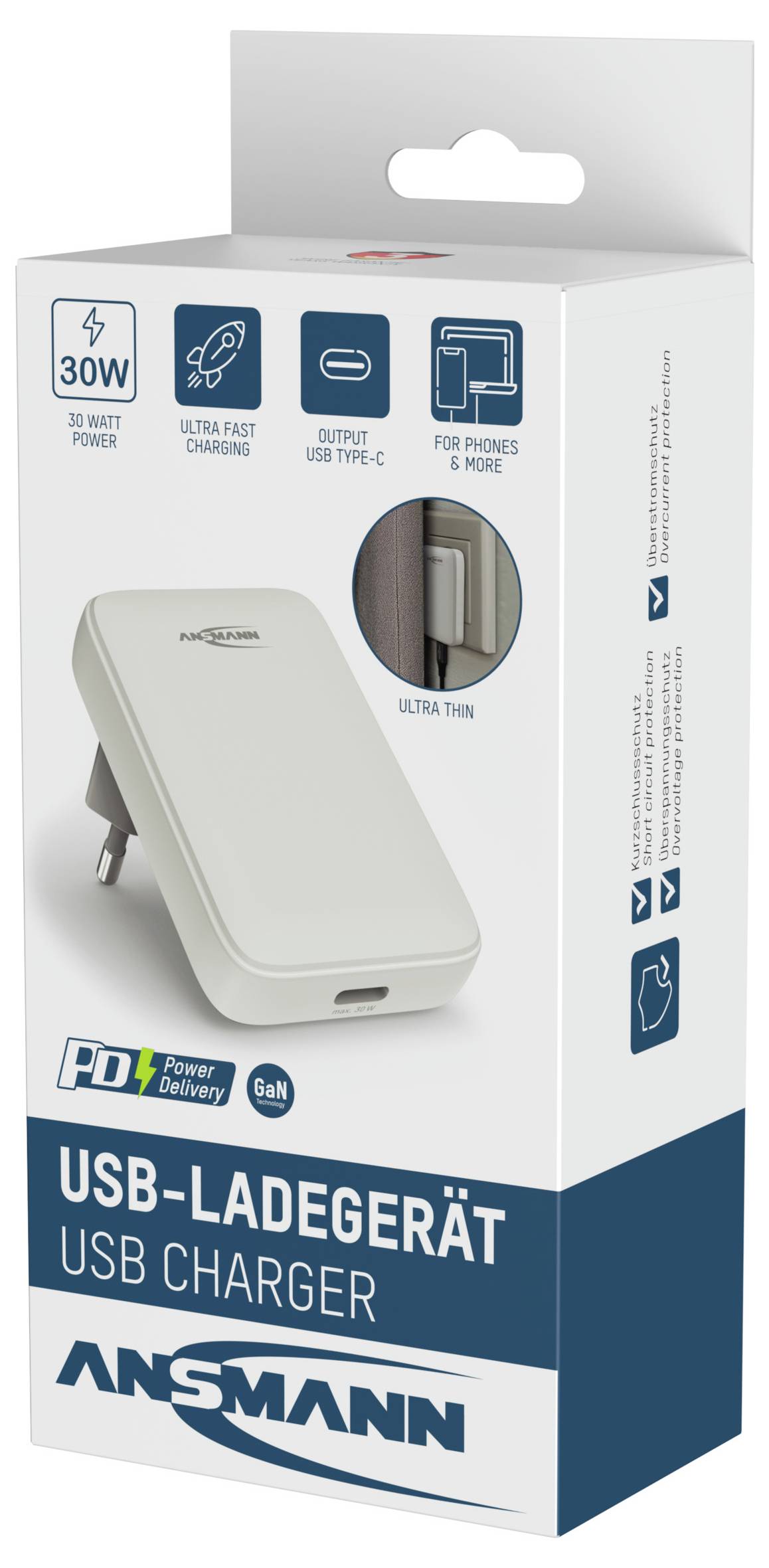 'Ansmann 30W USB-C polnilec - embalaža prikazuje lastnosti: USB Type-C izhod, ultra-hitro polnjenje, ultra-tanek dizajn, primeren za telefone.'