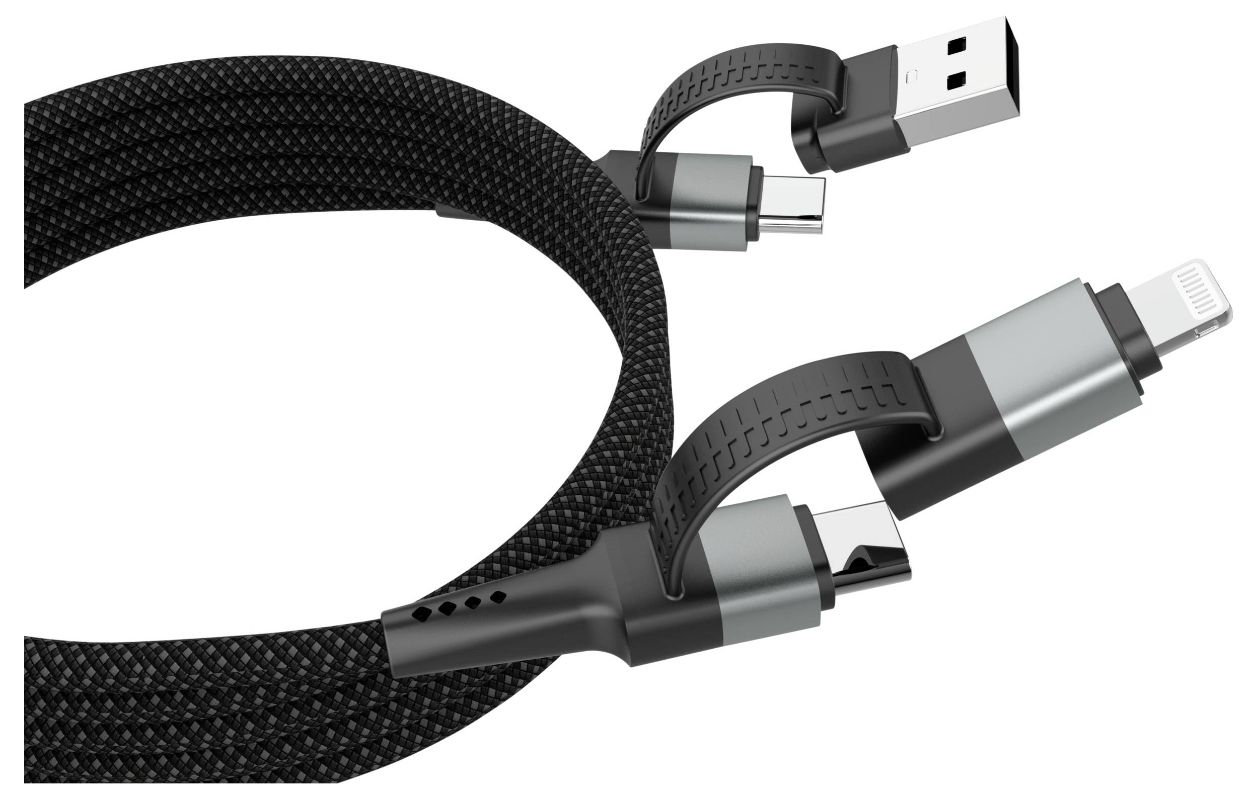 Črn pleteni polnilni kabel s tremi priključki: USB-A, USB-C in Lightning, zasnovan za vsestransko združljivost naprav.