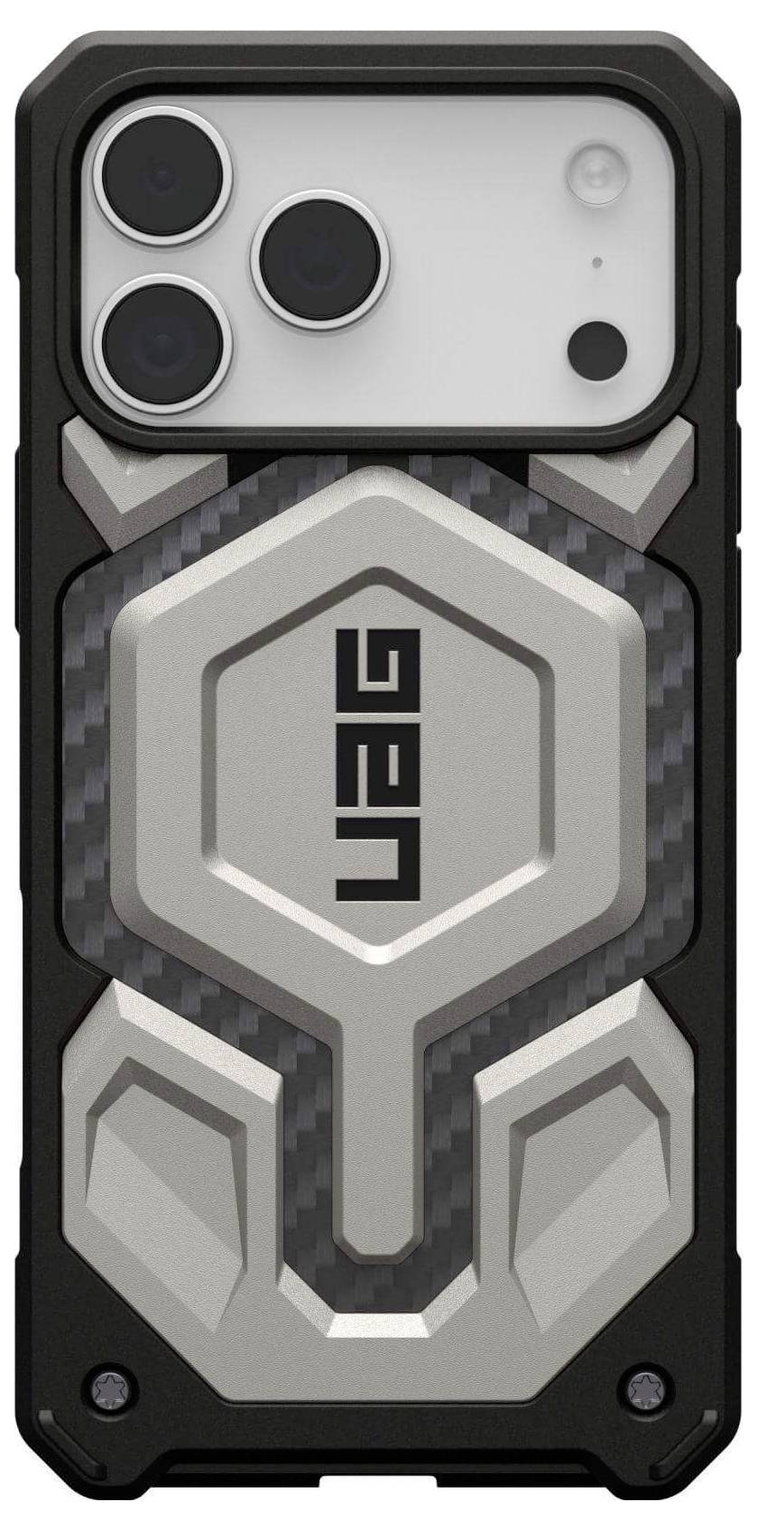 Robusten pametni telefon z geometrijskim dizajnom, na sredini z izrazitim logotipom 'UAG' in poudarki, podobnimi karbonu, za stilski videz.