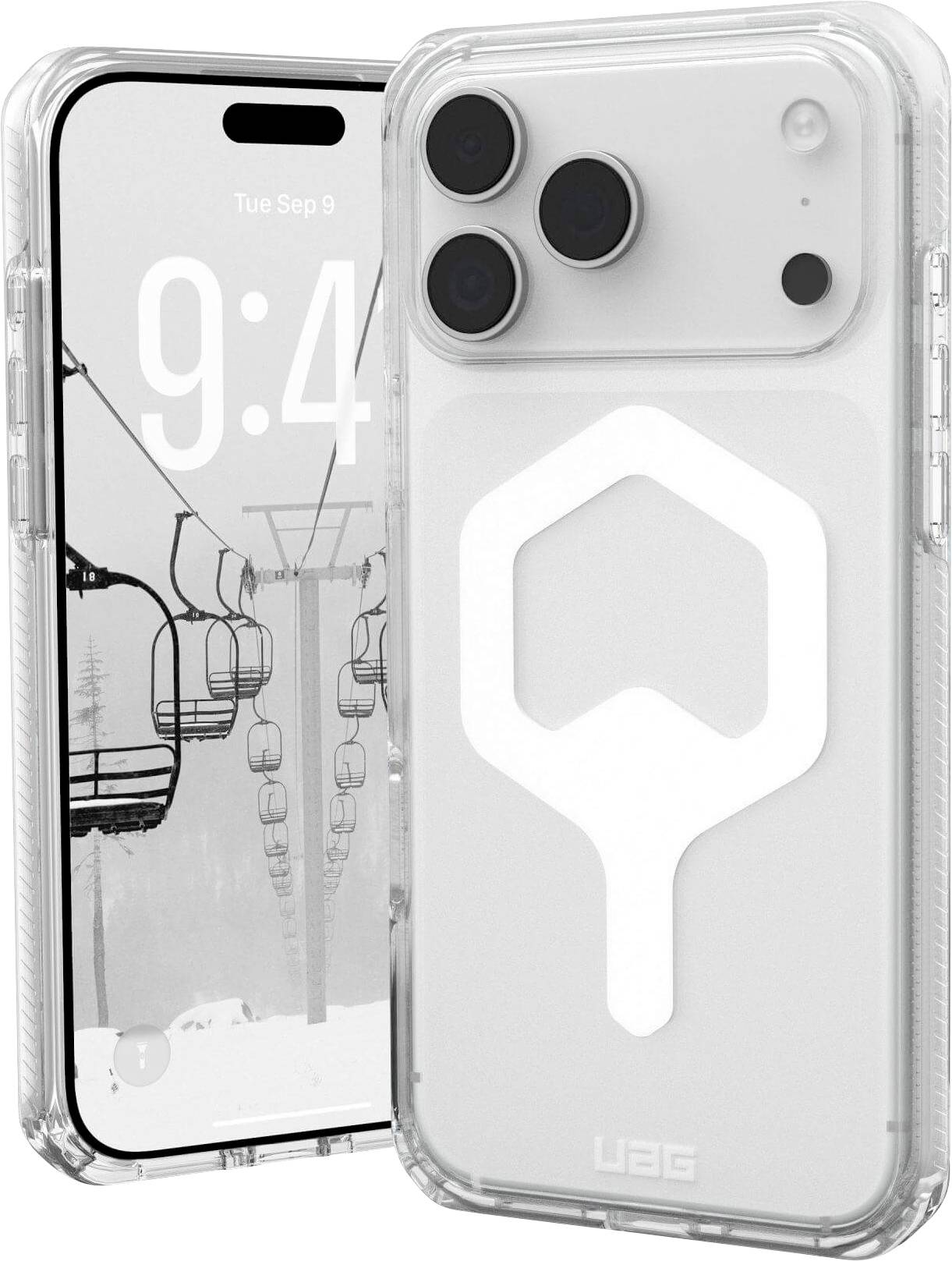Prozoren mobilni etui z belo geometrijsko zasnovo na hrbtni strani, ki ima tri velike izreze za kamere, telefon prikazuje čas 9:44.