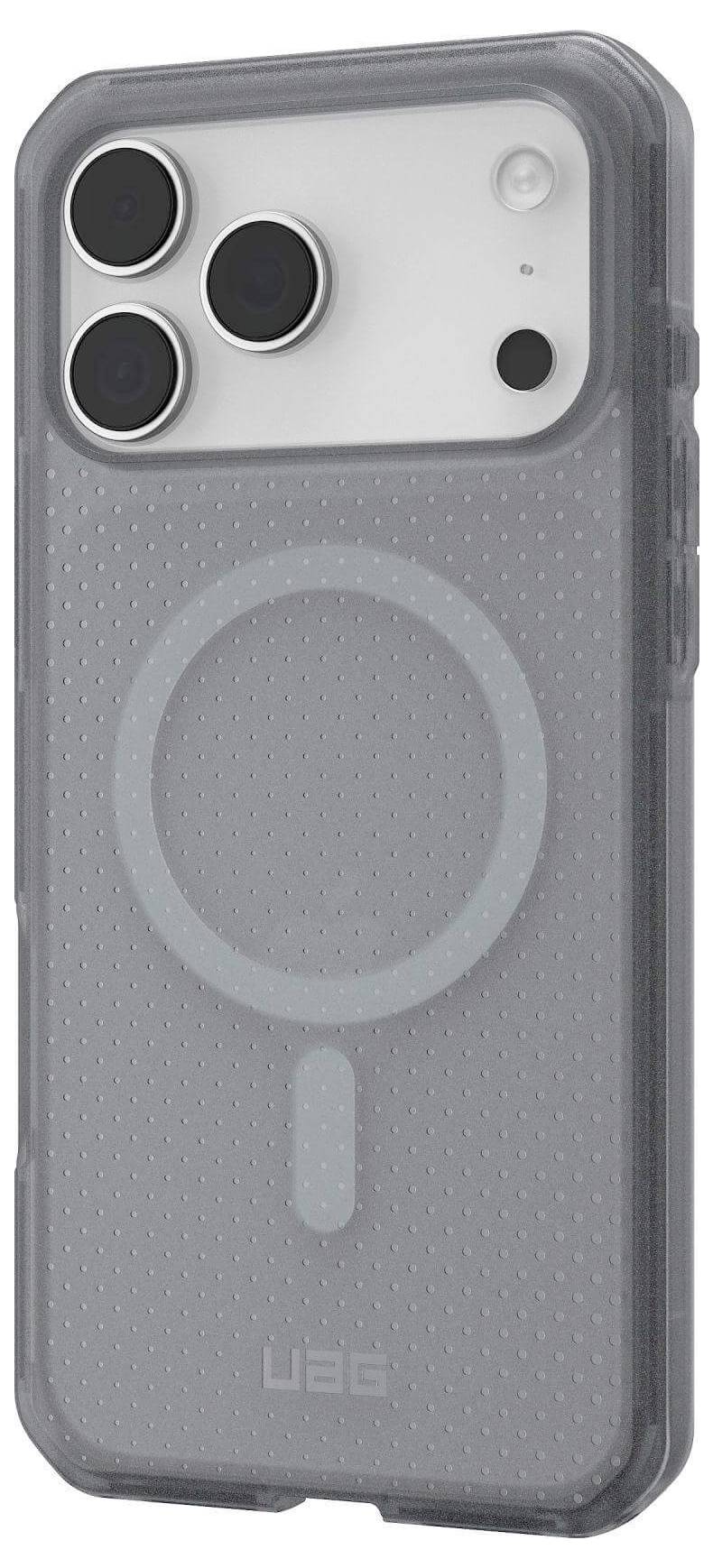 Prosojni mobilni ovitek za iPhone z združljivostjo MagSafe, ki ima izrez za tri kamere in vtisnjen napis 'UAG' na spodnjem delu.