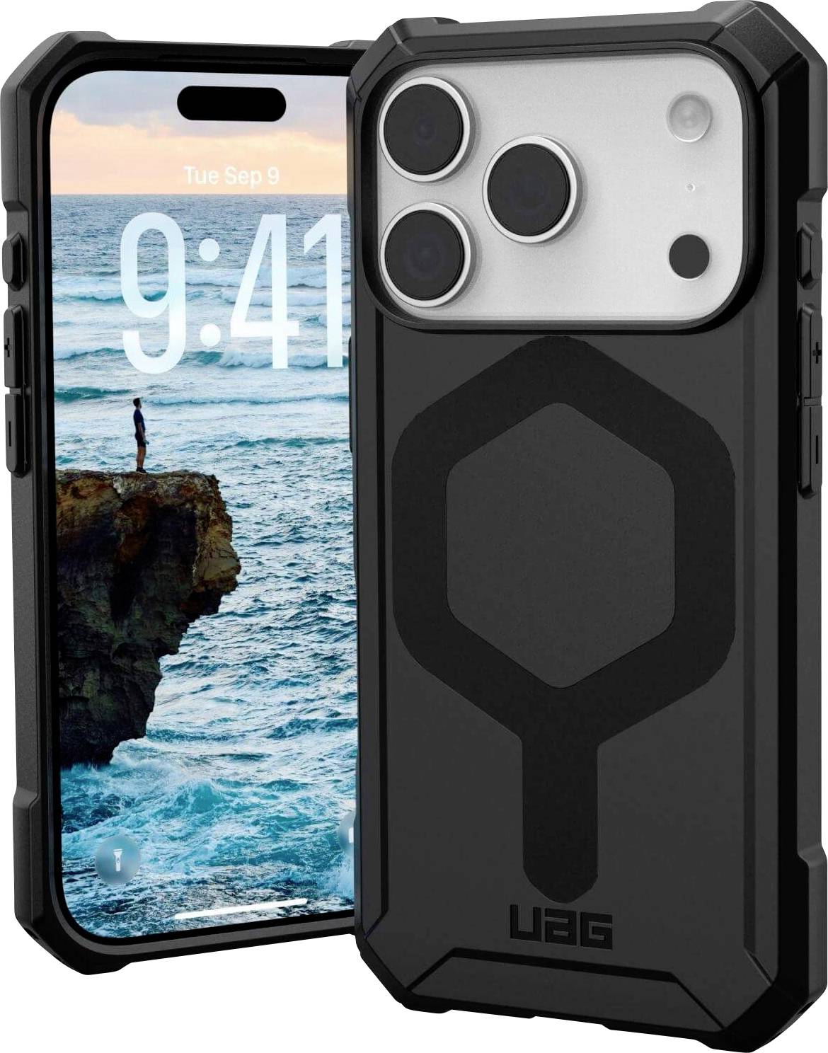 Prikazan je robusten črn pametni telefon z ohišjem s šestkotnim vzorcem. Na zaslonu telefona sta prikazana čas in datum.