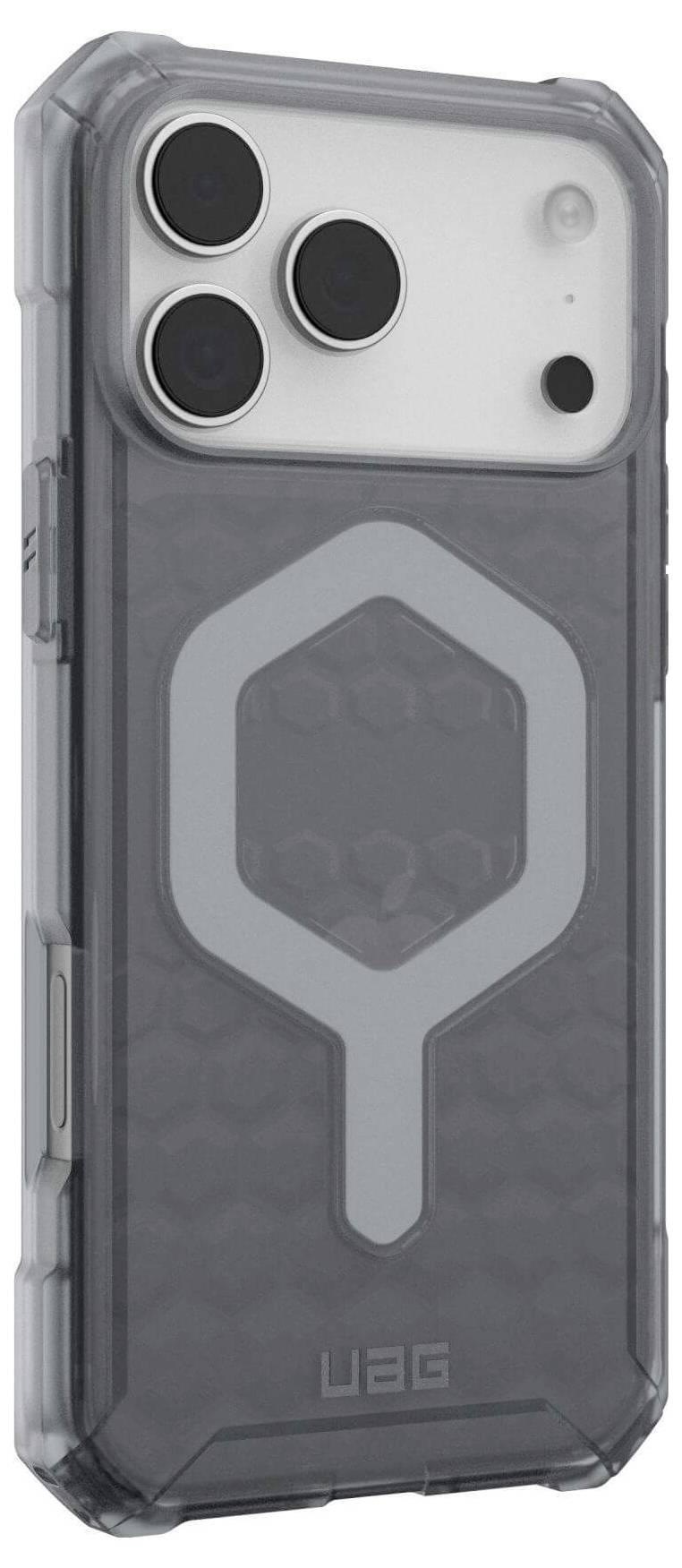 Trpežen prosojni telefon etui z geometrijskim dizajnom in dvignjenimi robovi za dodatno zaščito, prikazan na modelu pametnega telefona.