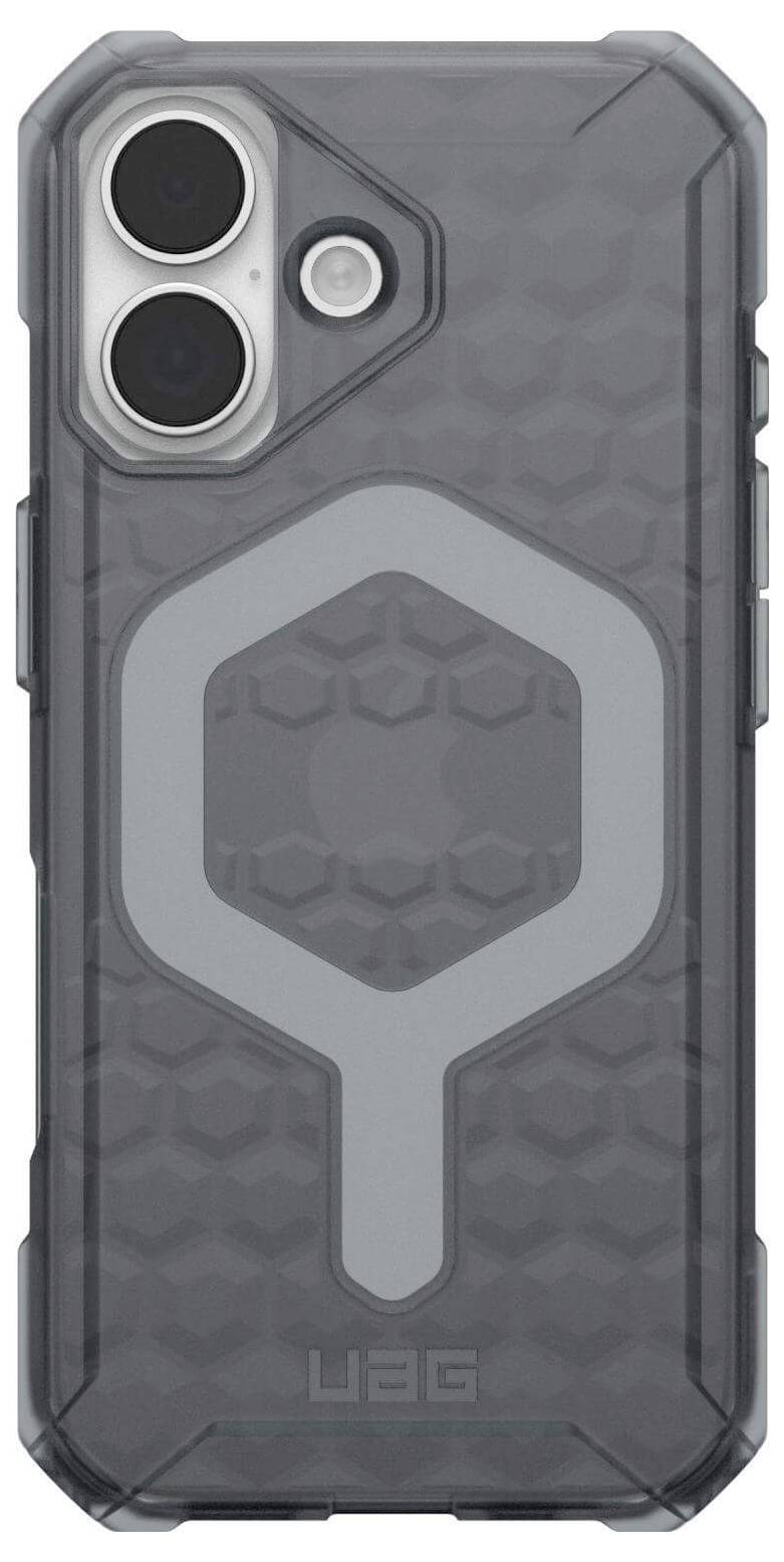 Trpežen, temno siv pametni telefon etui z izrezoma za dvojno kamero in dvignjenim teksturiranim vzorcem, zasnovan za zaščito in obstojnost.