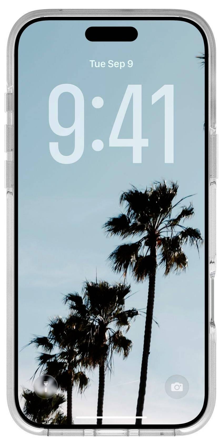 Na pametnem telefonu je ozadje z visokimi palmami nasproti modrega neba, zgoraj pa sta prikazana čas '9:41' in datum 'Tor Sep 9'.
