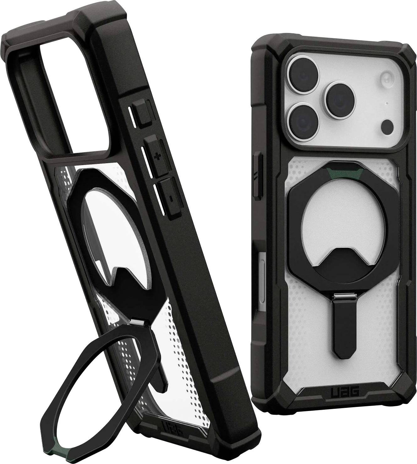 Dva črno-bela mobilna ovitka za telefone iPhone z obročnimi držali. En ovitek je prikazan z ločenim obročnim držalom.
