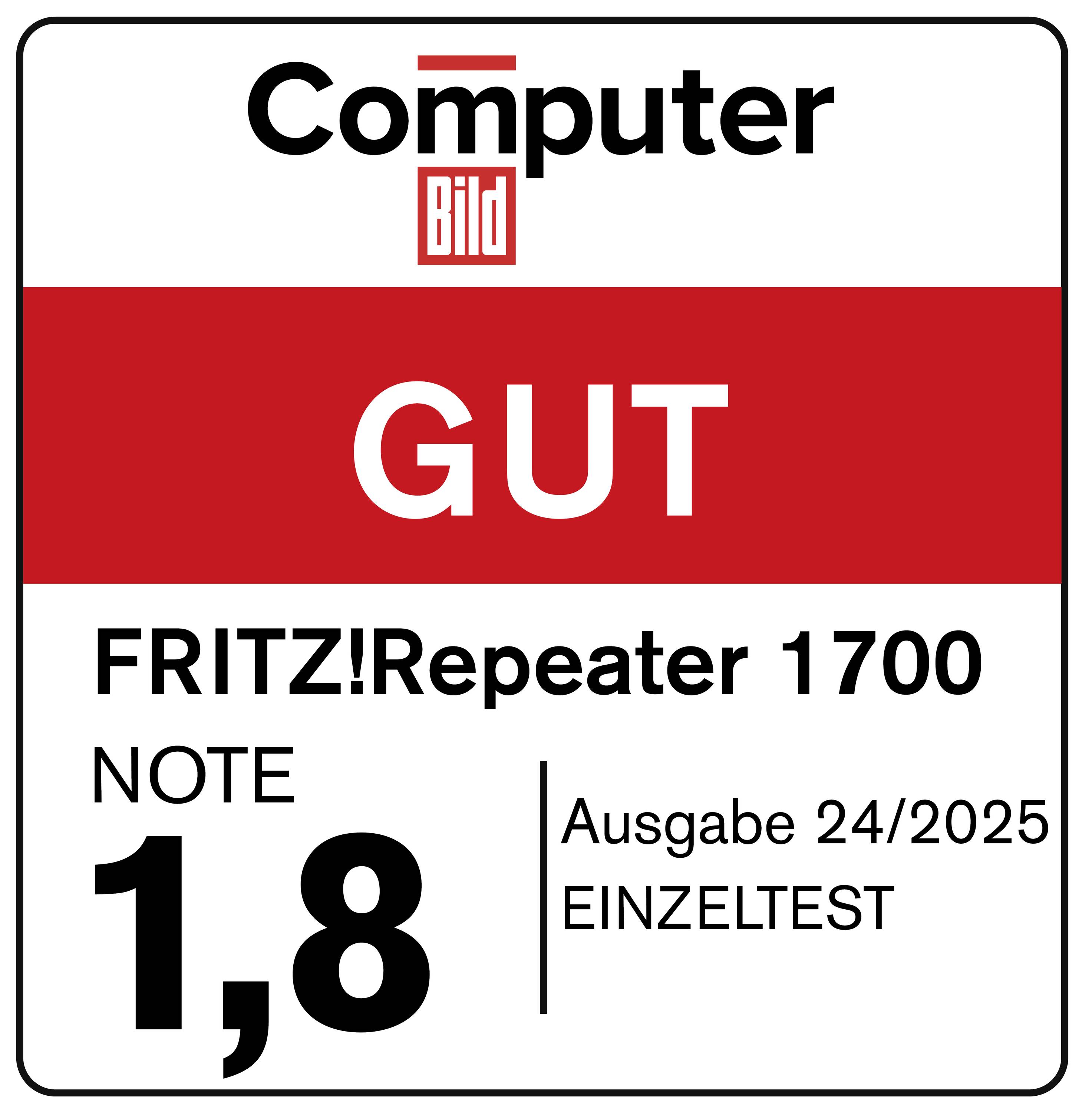 Ocenjevalni znak 'Computer Bild' za FRITZ!Repeater 1700 z oceno 1,8, izdaja 24/2025, posamezni test, ocena: Dobro.